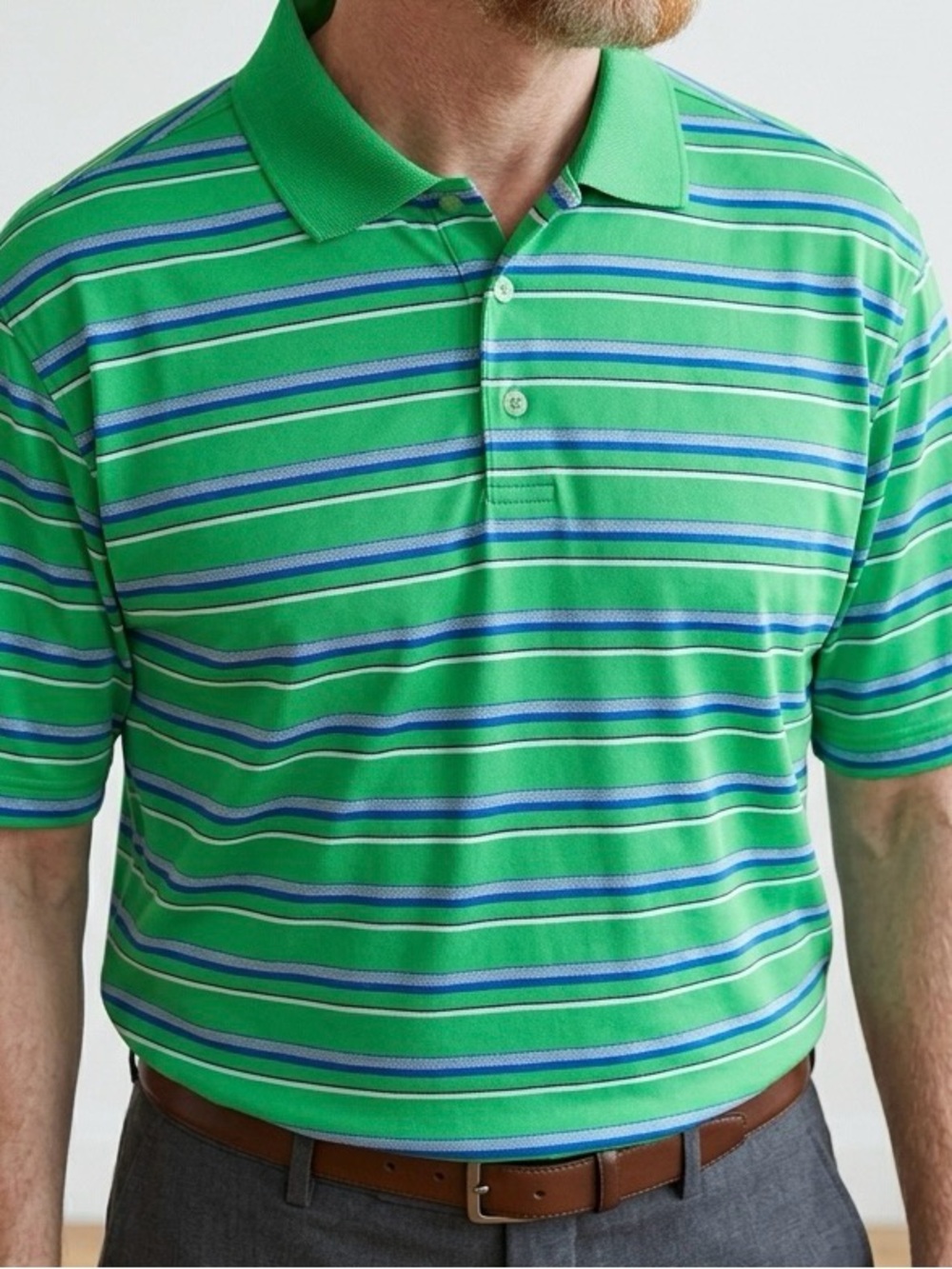 MEN'S NIKE DRI-FIT GOLF SHIRT SZ XL GREEN WITH GRAY/BLUE/WHITE STRIPES